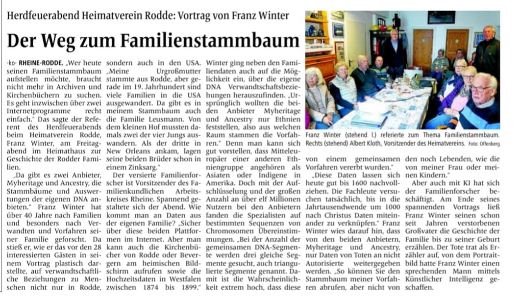 Vortrag Familienforschung und DNA bei Herdfeuerabend Heimatverein Rodde
